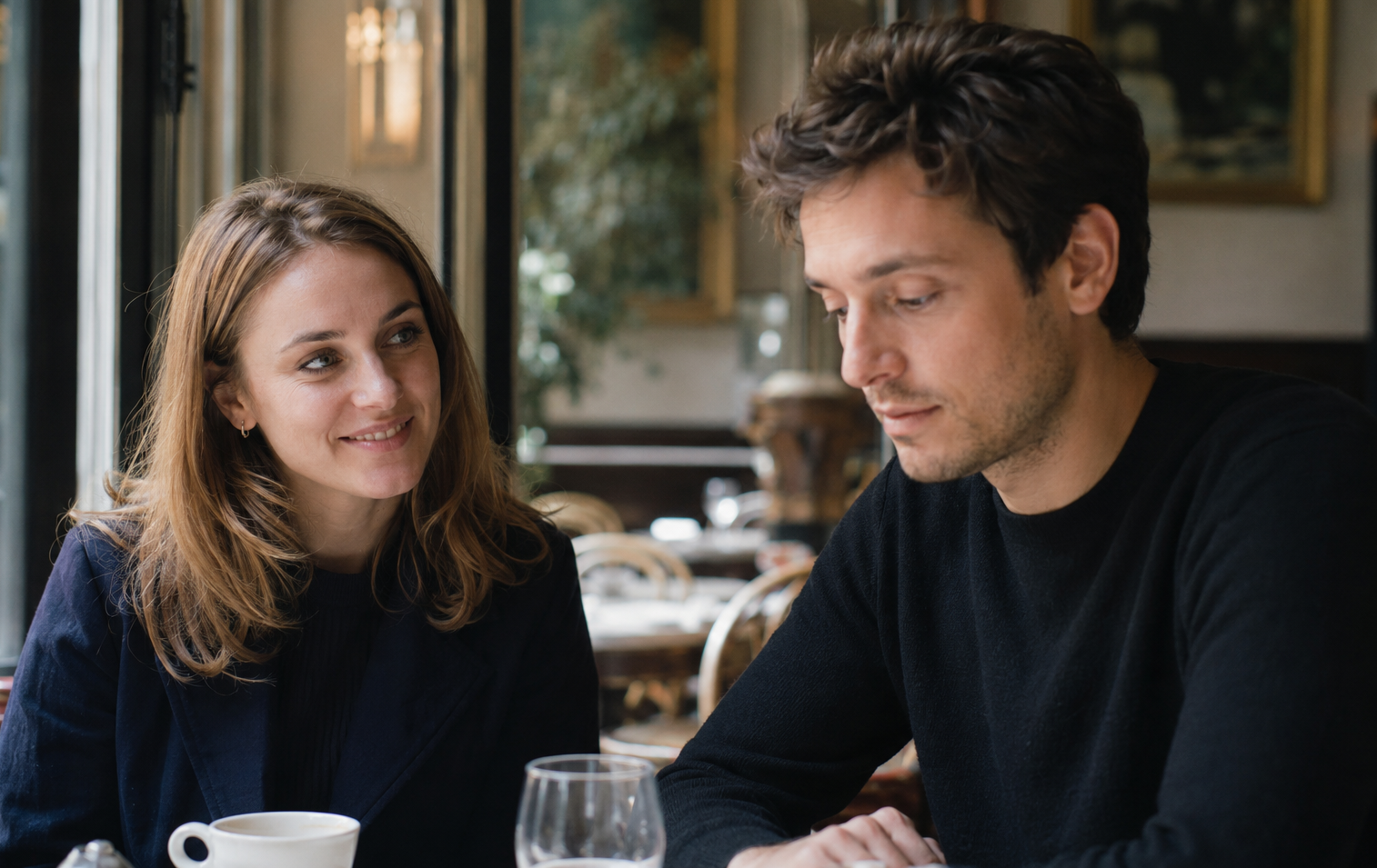 Two people sitting together in a café, illustrating the difference between experiencing attraction and monitoring a relationship.