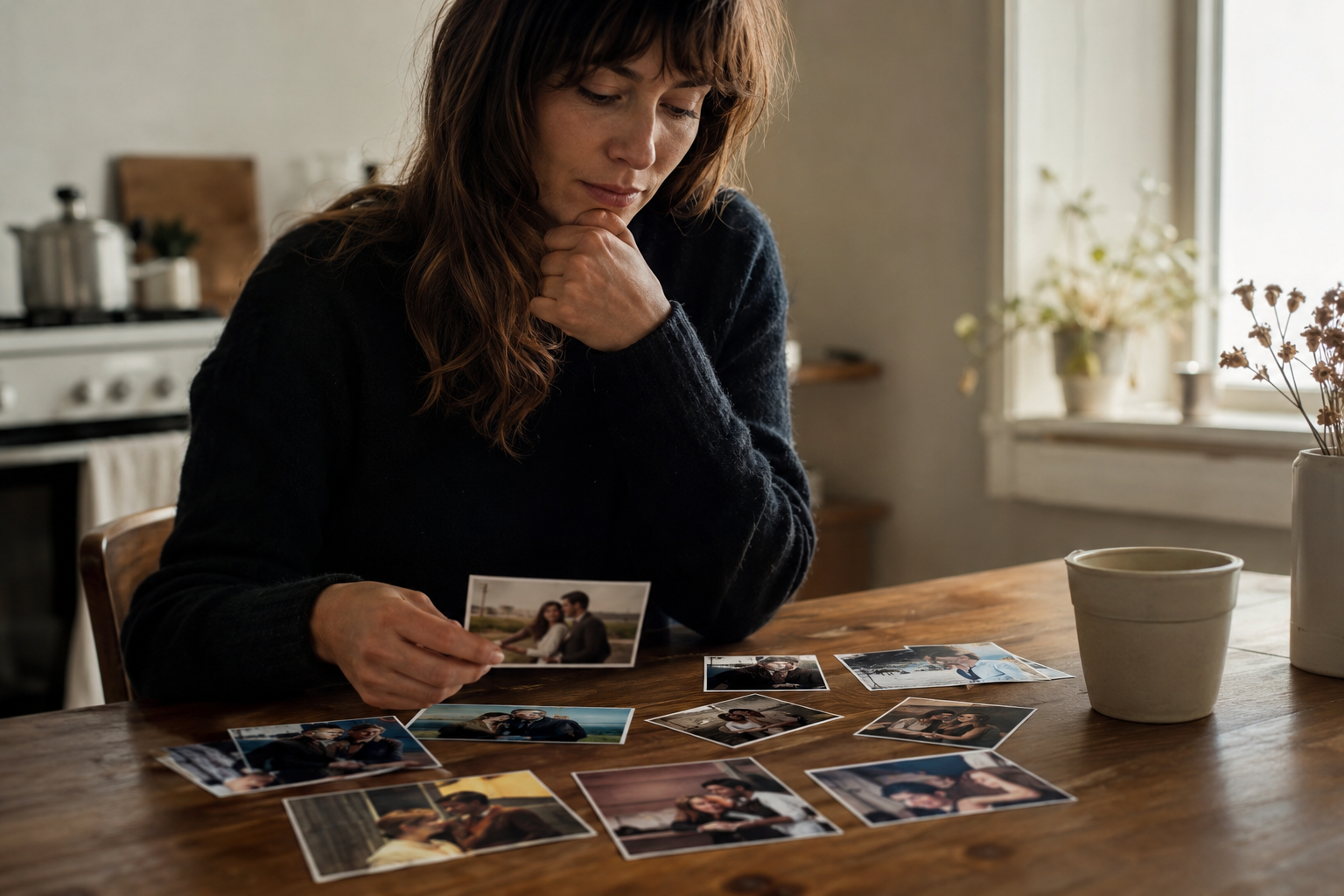 A reflective person looking through old relationship photographs representing recurring emotional patterns across different relationships.