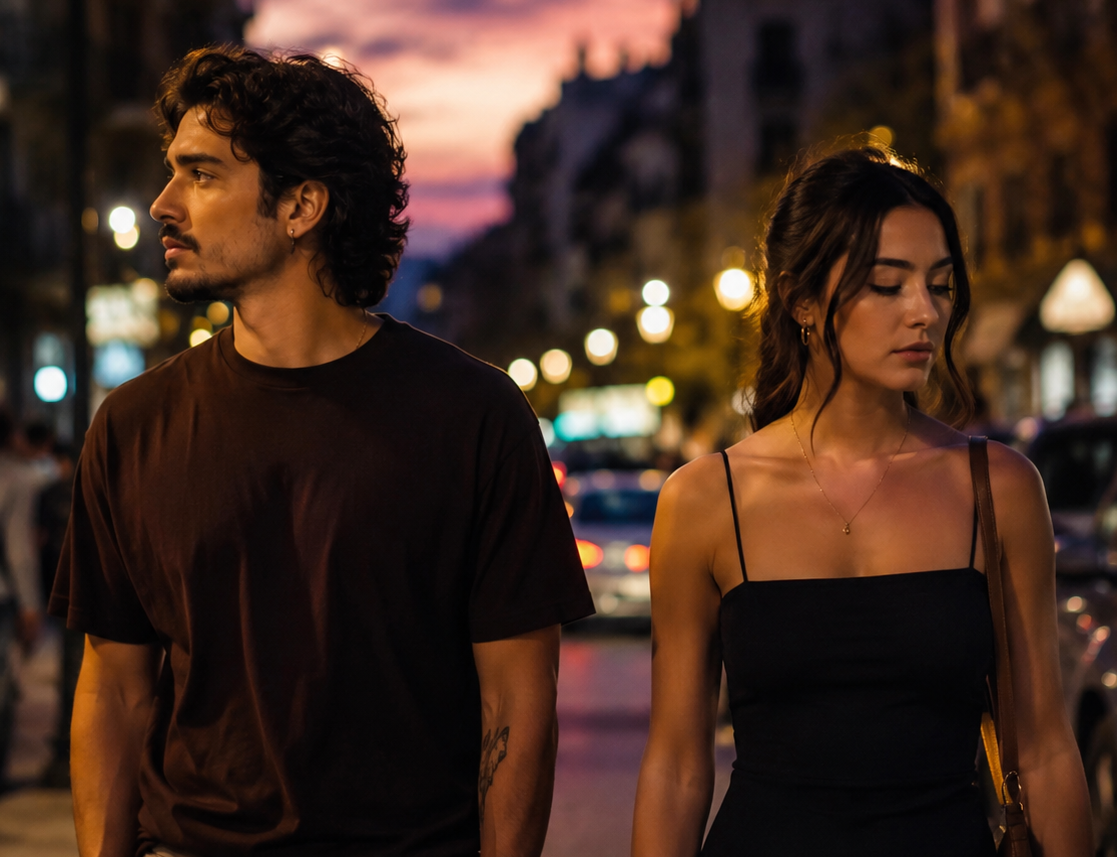 Latin couple walking together at dusk showing subtle emotional distance and changing attraction dynamics