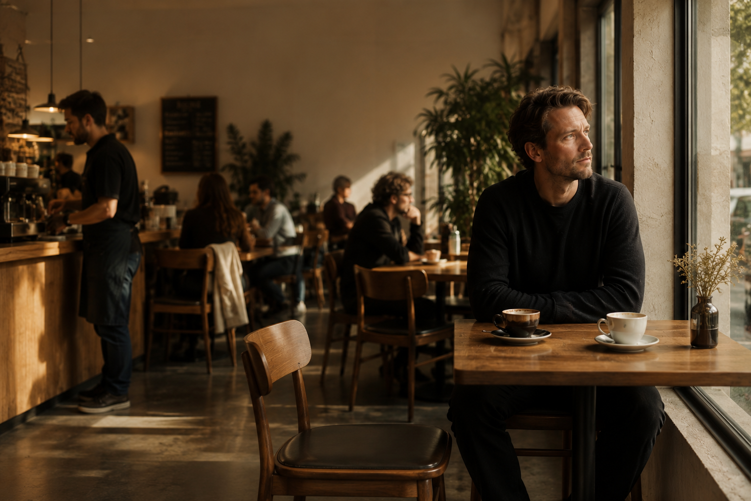 A thoughtful man sits alone in a café opposite an empty chair, symbolising how someone’s absence can become psychologically more significant than their presence.